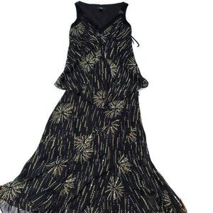 Alfani Petite Women 10P Silk Black Gold Sequin Blouse & Flared Skirt Set 2-Piece